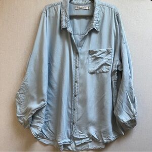 Standard Grace Light Blue Chambray Roll Tab Button Down Shirt Plus Size 3X